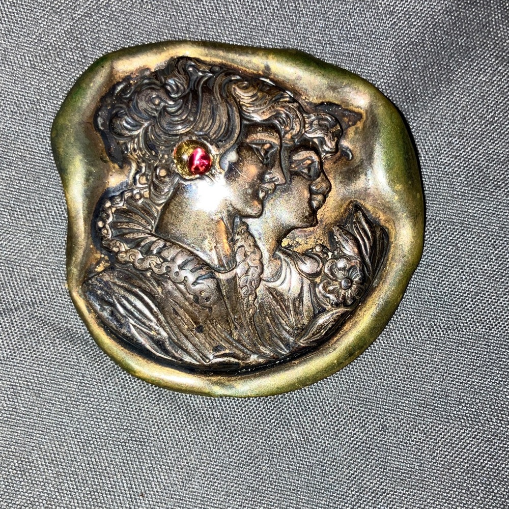 Vintage Mixed Metal Cameo Brooch with Red Gem